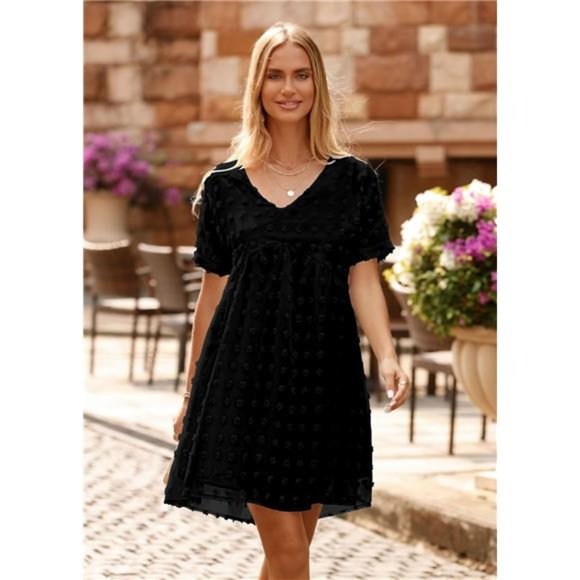 Casual V Neck Short Sleeve Swiss Dot Ruffle Loose Flowy Mini Babydoll Dress - Picture 2 of 7